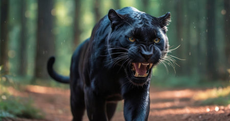 Black panther in the forest. Wildlife scene from nature. Panthera leoの素材