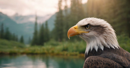 Bald Eagle on the background of a mountain lake. Close-up.の素材