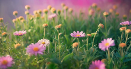 Beautiful pink daisy flowers in the garden, soft focus.の素材