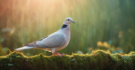 A closeup shot of a beautiful pigeon on a mossy branchの素材