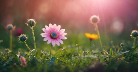 pink daisy flower in the meadow with sunbeamsの素材