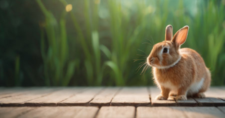 Cute little rabbit on wooden floor in the garden with copy spaceの素材