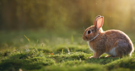 Cute little rabbit on the green meadow in spring time.の素材
