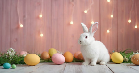 Easter bunny and easter eggs on wooden background, copy spaceの素材