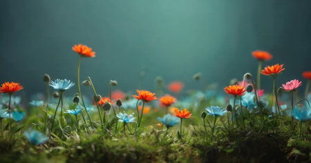 Colorful flowers in the meadow with blurred green background, soft focusの素材