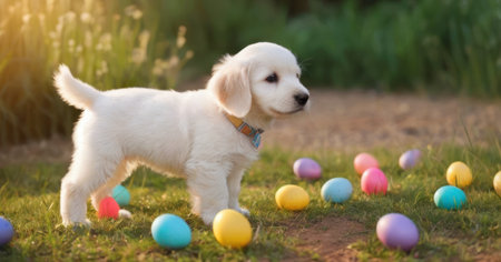 Cute Golden Retriever puppy playing with colorful Easter eggs outdoorsの素材