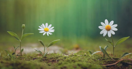 White daisies growing in the forest. Beautiful nature scene.の素材