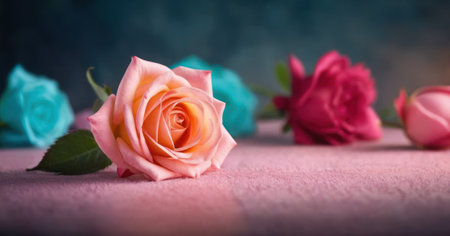 pink and blue roses on a pink background with space for textの素材