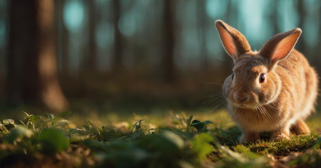 Rabbit in the forest. Selective focus on the rabbit.の素材