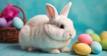 Rabbit and easter eggs on a blue background. Easter concept.の素材