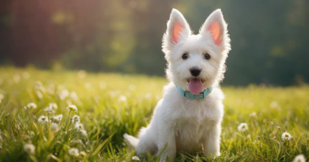 West highland white terrier puppy sitting on the grass in summerの素材