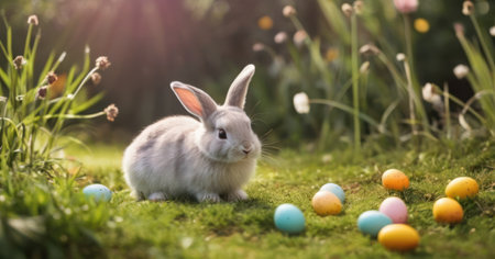 Easter bunny and colorful eggs on green grass, easter conceptの素材