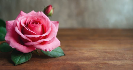 Beautiful pink rose on a wooden background. Selective focus.の素材