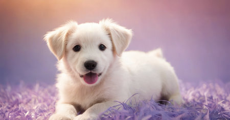 White puppy on a purple background with a bokeh effect.の素材