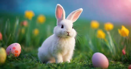 Easter bunny and easter eggs on green grass with tulipsの素材