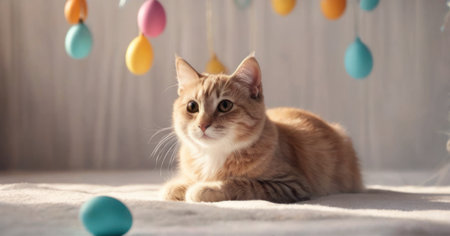 Cute ginger cat with Easter eggs on light background, closeupの素材