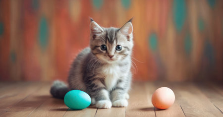 Cute little kitten with easter eggs on wooden background. Selective focus.の素材