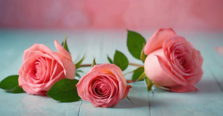 Beautiful pink roses on a blue wooden background. Selective focus.の素材