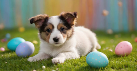 Cute puppy and easter eggs on green grass in the gardenの素材