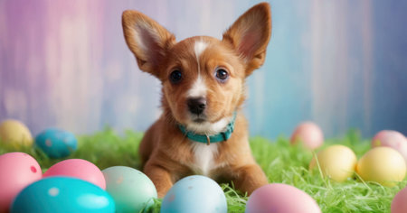 Cute little dog and easter eggs on green grass in front of colorful backgroundの素材