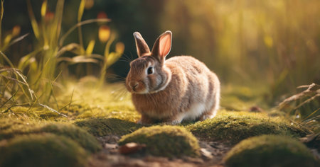 Cute little rabbit on green moss in the forest at sunset.の素材