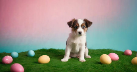 Cute puppy of breed Jack Russell Terrier sitting on green grass with colorful Easter eggsの素材