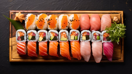 Sushi set on a black background, top view. Japanese cuisineの素材