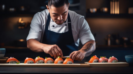 Professional male chef in a white apron is preparing sushi rolls.の素材