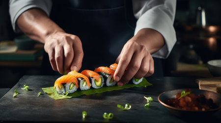 Close up of male hands preparing sushi roll with salmon and avocado.の素材