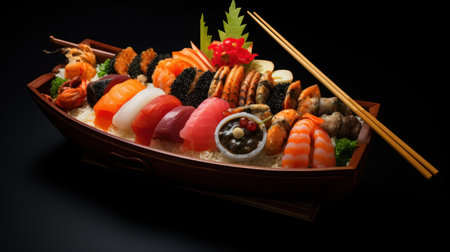 Sushi set in a wooden bowl on black background, Japanese cuisineの素材