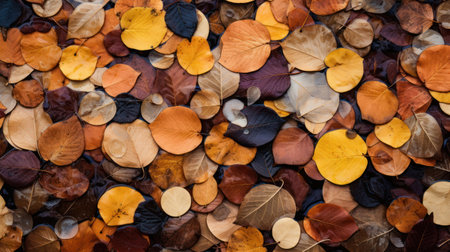 Colorful autumn leaves on the ground in the forest. Autumn backgroundの素材