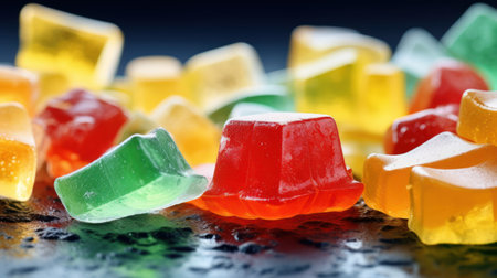 Colorful jelly candies on black background. Close up. Selective focus.の素材