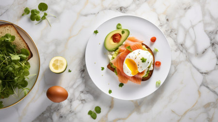 Healthy breakfast with poached eggs, avocado and salmonle backgroundの素材