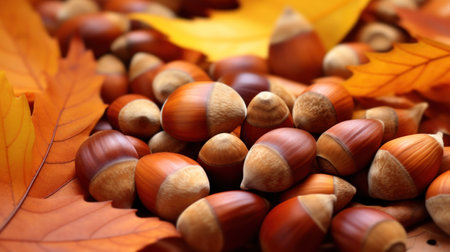 Acorns and autumn leaves on wooden table, closeup. Autumn backgroundの素材