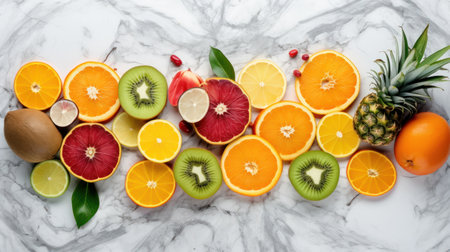 Fruit background. Fresh fruits on white marble table, top viewの素材