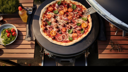 Pizza on a barbecue grill in the garden. Italian cuisine.の素材