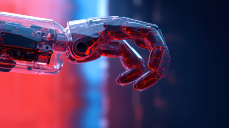 3d rendering robot hand touching virtual screen with red light background.の素材