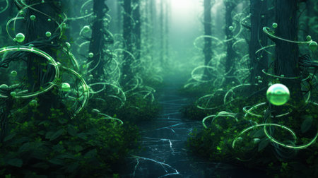 Mystical dark forest with glowing neon lights. 3D renderingの素材