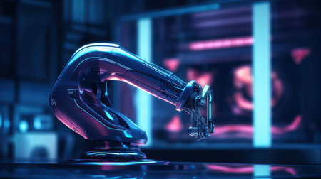 3d rendering robot arm in blue neon light, future technology conceptの素材