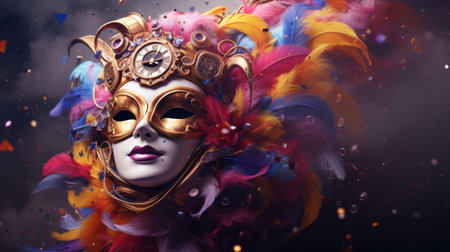 Beautiful woman in carnival mask with feathers on dark background.の素材