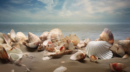 Seashells on the beach with blue sky and sea backgroundの素材