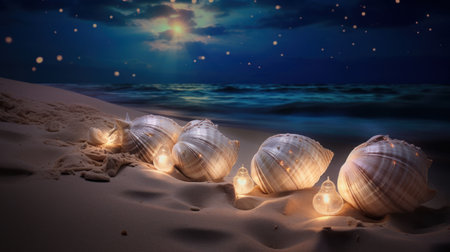 Seashells on the beach at night. 3d renderingの素材