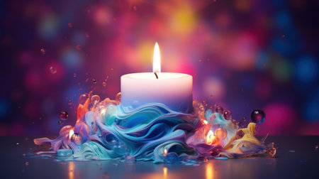 Candle and colorful water splash on dark background. 3d renderingの素材