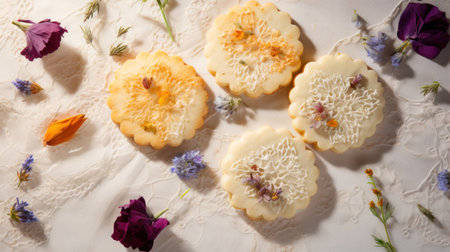 Homemade cookies with butter cream and dried flowers on a white backgroundの素材