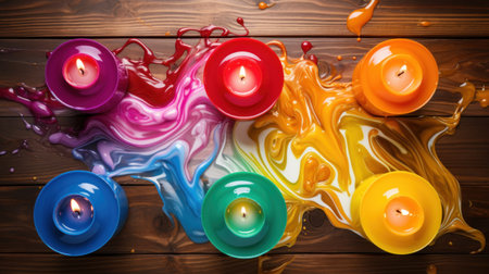 Colorful wax candles on wooden background. Top view with copy spaceの素材