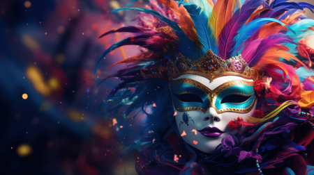 Beautiful carnival mask with feathers and sparkles on colorful backgroundの素材