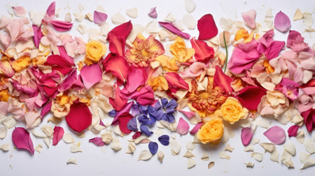 Colorful rose petals on white background. Flat lay, top view.の素材