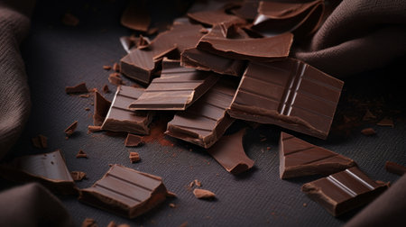 Pieces of dark chocolate on a dark background, close-upの素材