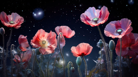 Opium poppy flowers with stars in the night sky. 3D renderingの素材