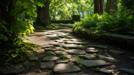 Stone path in the park with green trees and ferns.の素材